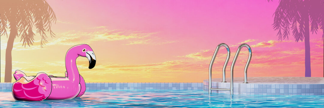 Inflatable Flamingo in a Swimming Pool - Video Game 3D illustration Ultra Wide