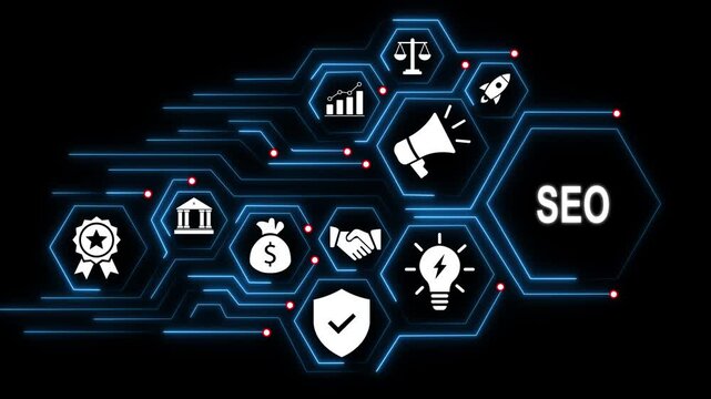 Dynamic seo digital marketing strategy concept featuring animated hexagonal network nodes with for search engine optimization, business growth, financial success, and global corporate connectivity