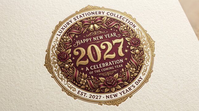 2027 New Year Luxury Stationery Emblem with Floral Ornament and Gold Frame on Textured Paper Background