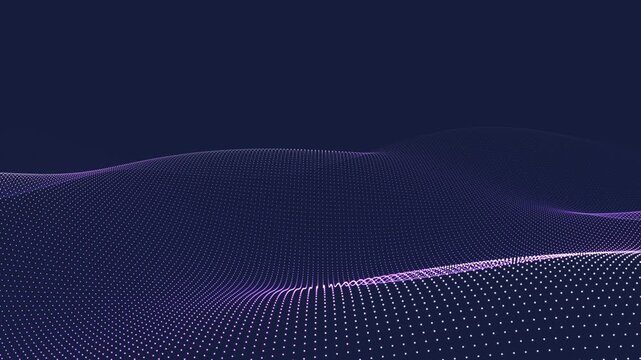 Abstract Digital Terrain of Glowing Purple and White Particles Moving Slowly Against Dark Blue Background