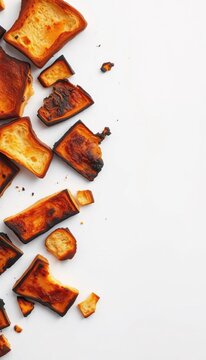 Burnt toast fragments lying isolated on a neutral background, crumbs, crispy