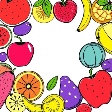 Doodle illustration of a set of colorful fruits in various shapes and sizes on a white background, summer, ||fruit