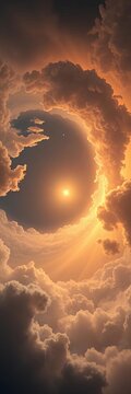 Ethereal clouds of gas and dust swirl around a distant star, glowing with a soft golden light, space, nebula