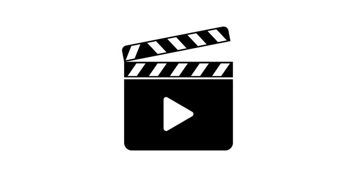 Video clapper board with play button for film production.