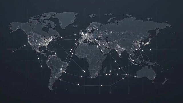 An illuminated digital world map with interconnected network nodes, symbolizing global trade shipping routes, international supply chain logistics, maritime transport tracking, and commercial data.