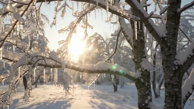Bright winter sun shines through snow-covered tree branches adorned with glistening icicles creating a serene and frosty natural landscape