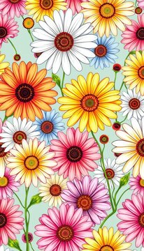 Vibrant hand-drawn daisies fill a repeating design ideal for clothing, bedding, or home decor, interior, || banner