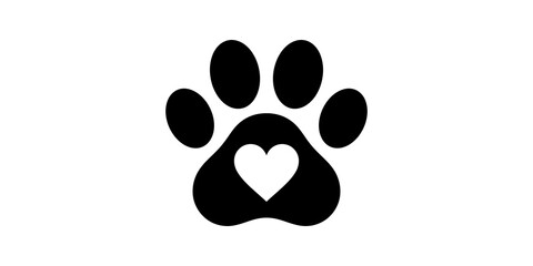 Black paw print with heart center for pet animal love care. © wajiduuu