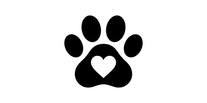 Black paw print with heart center for pet animal love care.