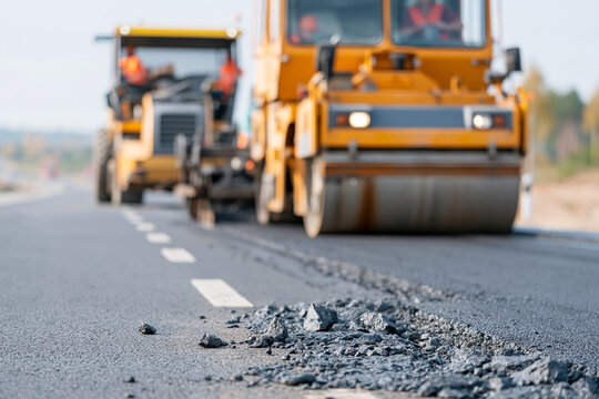 Road repair crews work diligently on a damaged asphalt surface. Workers operate heavy machinery to smooth the pavement. Piles of gravel lie scattered near freshly paved sections. Machines roll forward
