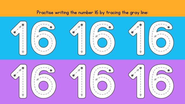 Educational Number 16 Tracing and Handwriting Practice Worksheet for Kids