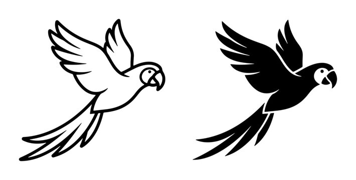 Parrot silhouettes set with flying birds and wings for logo or tattoo