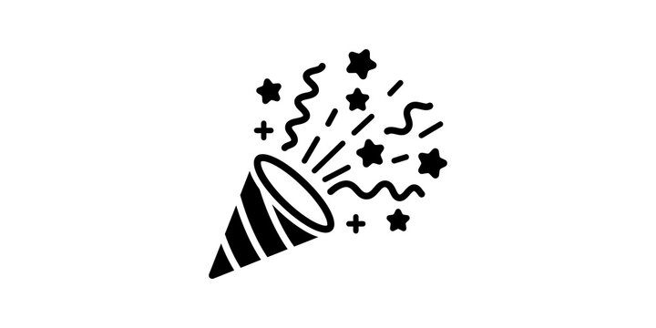 Party popper with exploding confetti and stars for birthday celebration