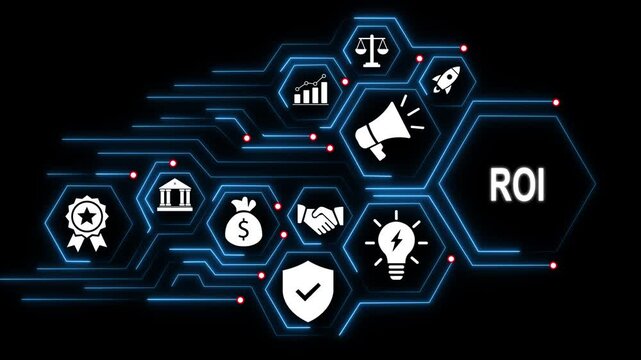 Dynamic digital interface displaying roi financial growth metrics with glowing hexagonal network connections, business and futuristic data visualization for corporate marketing presentations