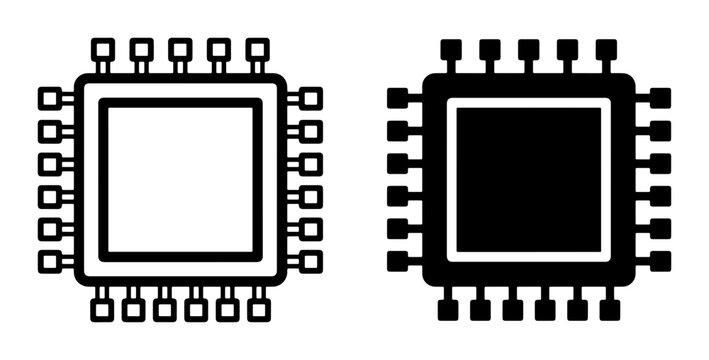 Microchip silhouettes set with integrated circuits and pins for technology logo or icon