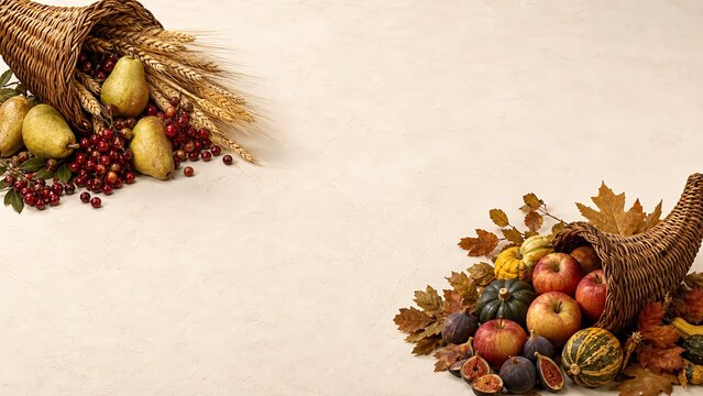 Two decorative cornucopia baskets filled with fresh autumn harvest fruits and vegetables placed on a soft neutral beige background surface