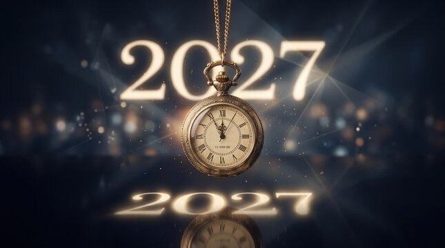 2027 New Year Celebration Concept with Vintage Pocket Watch and Glowing Golden Typography Background