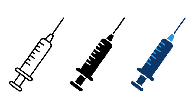 Medical syringe vector icon set in outline solid and color styles with injection