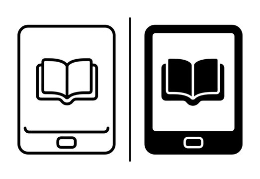 E-book reader silhouettes set with open book icon on tablet for app and web