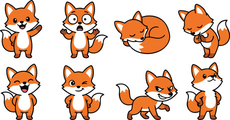 Obraz premium Cute little fox cartoon character collection with various emotions and actions isolated on white background
