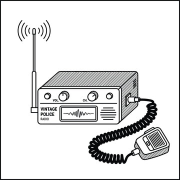 Vintage retro police radio communication transmitter with antenna signal waves and handheld microphone vector line art illustration