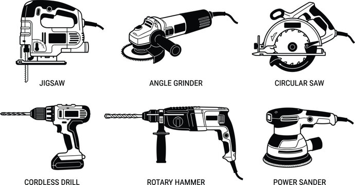 Electric power tools collection including jigsaw drill angle grinder and sander for construction carpentry workshop vector illustration