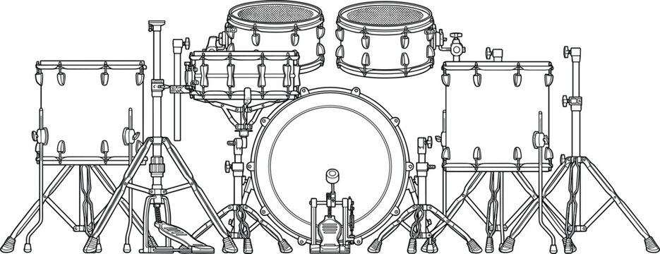 Acoustic drum kit outline vector illustration featuring double bass floor toms snare rack toms and hardware setup