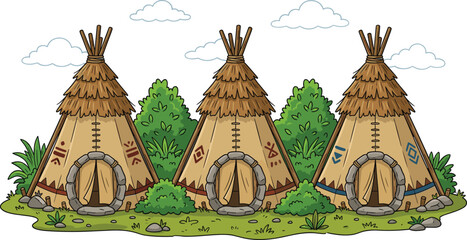 Native American teepee huts village illustration with decorated tribal tents thatched roofs bushes and grass field © MstHusna