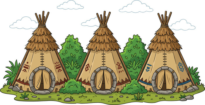 Native American teepee huts village illustration with decorated tribal tents thatched roofs bushes and grass field