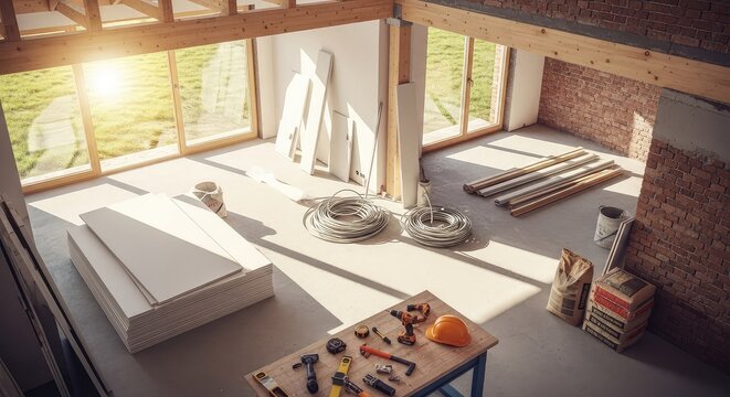 A detailed high-angle view of a modern home interior undergoing a complete renovation with exposed structure, raw materials, and new tools, remodeling, walls, modern