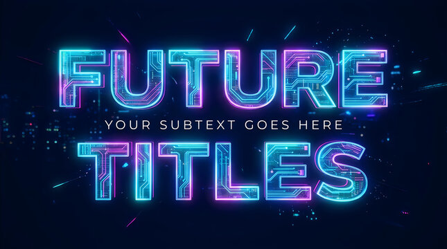 Neon glowing text future titles with a digital circuit board pattern inside the letters on a dark blue background, with light particles