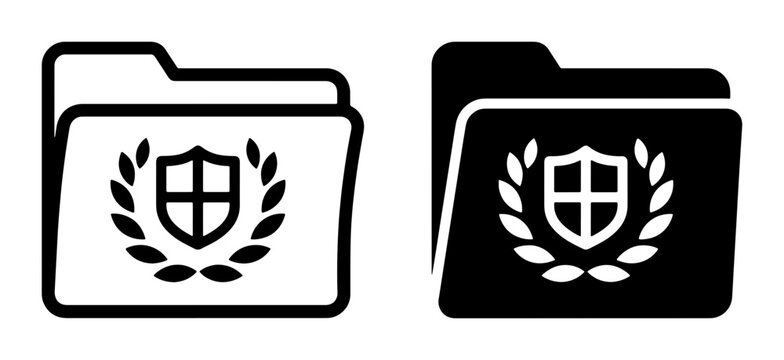 Folder with shield and laurel wreath silhouettes for security and protection logo