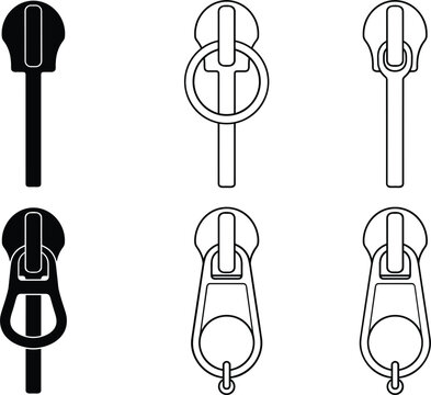 Clothing zipper pulls and metallic slider fasteners graphic icon set for textile tailoring hardware fashion accessory design