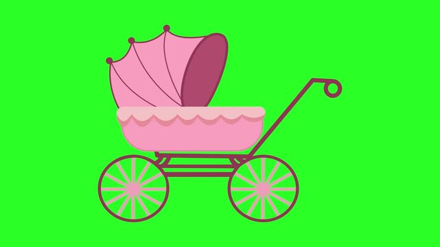 Cute Pink Vintage Baby Stroller Carriage Isolated on Green Screen Chroma Key Background Vector Illustration Overlay Asset   
