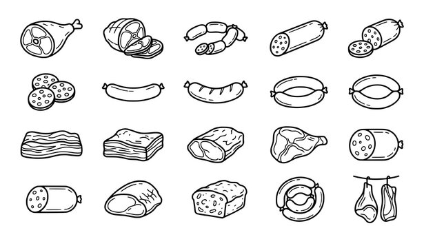 Collection of hand-drawn deli meat and sausage icons with charcuterie illustration culinary