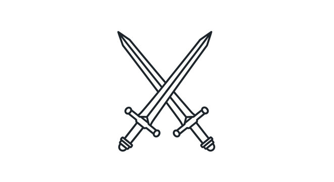 Two crossed swords icon, medieval weapon symbol, isolated on white background, simple line art
