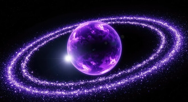 A majestic purple planet glows in deep space, surrounded by a shimmering ring of tiny twinkling stars and a bright radiant celestial body, space, planetary, fantasy