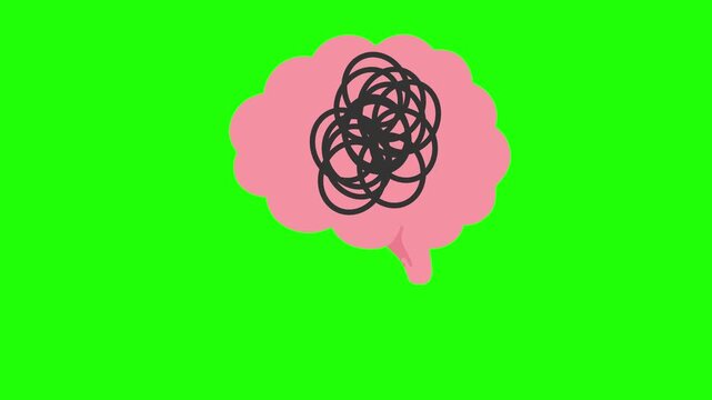Confusion animated pink brain with tangled messy scribbles, 4k green screen background.