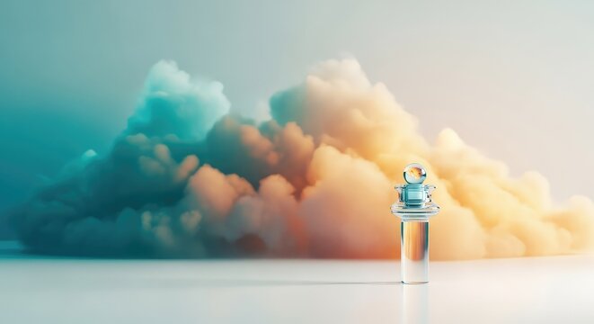 A serene background featuring multilayered abstract clouds in soft teal and warm amber tones, creating a dreamy and ethereal atmosphere, heavenly, imaginative, artistic