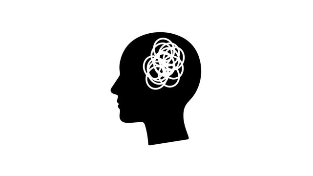 Chaos animated black head silhouette with tangled white brain looping 4K white background