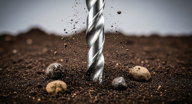 A sharp metallic spiral drill bit penetrates the dark soil with precision, displacing earth and pebbles during an intense boring operation, penetration, pebbles, detail