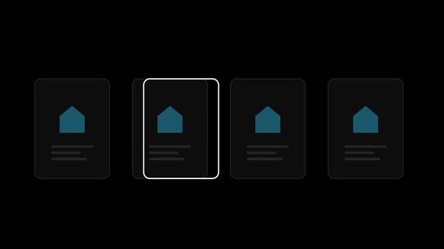 Modern Dark Mode UI Animation of Card Selection Displaying Security Verification Shield and Smart Home Icons for Web and App Design.