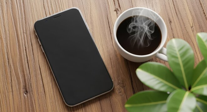 A top view of a modern smartphone with a blank screen resting on a rustic wooden table next to a cup of hot coffee and green plant leaves, wood, life, technology