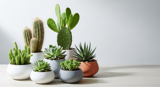 A vibrant collection of diverse cactus and succulent plants displayed in minimalist ceramic pots on a bright wooden surface in soft light, sunshine, table, garden