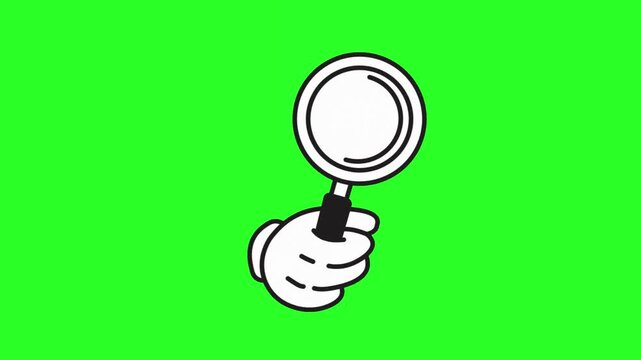 Cartoon Gloved Hand Holding Magnifying Glass Icon Isolated on Green Screen Chroma Key Background Search and Inspect Graphic Overlay   