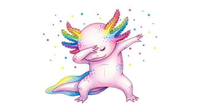 An adorable watercolor axolotl in a dabbing pose, featuring soft natural textures and a cool party vibe, isolated on a white background, pink, movement, wash