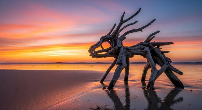 An intricate driftwood sculpture rests on a quiet sandy shore at dawn, illuminated by the vibrant orange and pink hues of a new sunrise, morning light, landscape, beach