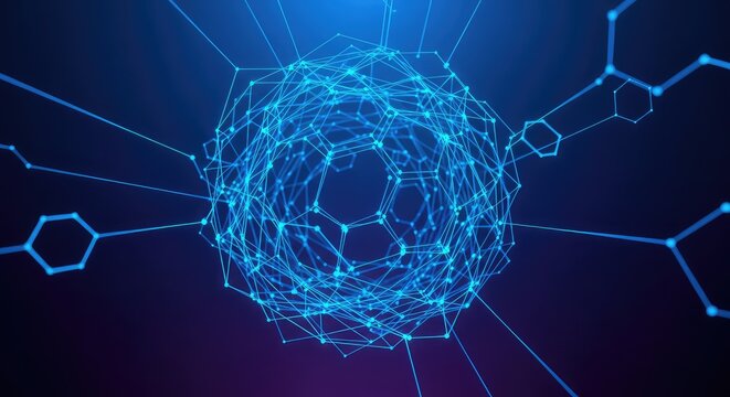 An intricate network of glowing blue lines and hexagonal patterns floats over a deep gradient background representing modern digital space, internet, future, innovation