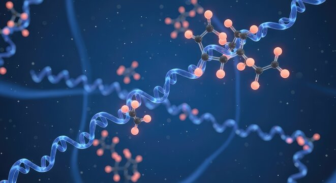 An intricate microscopic display of amino acid molecular chains and carbon bonds drifting through a luminous deep blue liquid medium, molecular, experiment, molecular structure