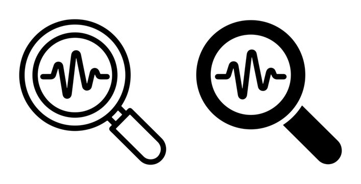 Magnifying glass icon set with waveform, search and analysis symbols for web and app